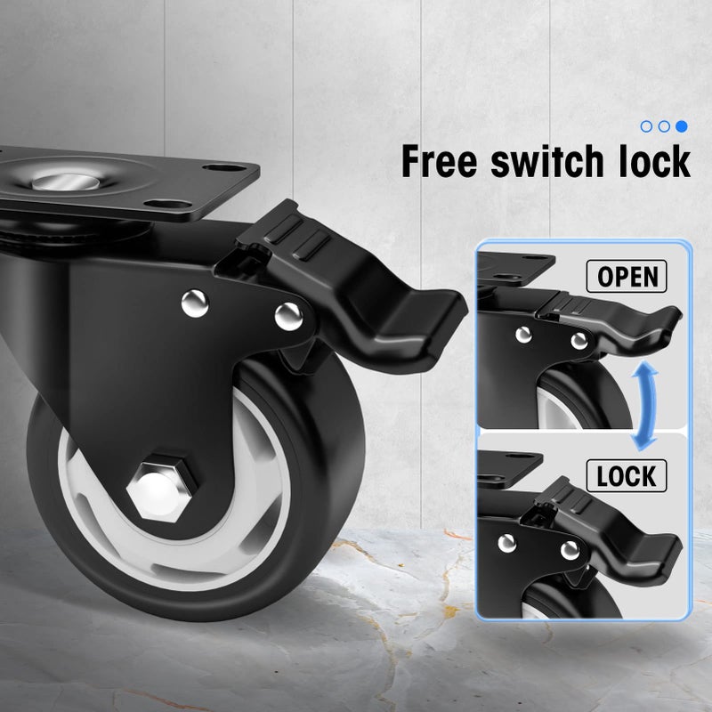 ASHGOOB 3" Caster Wheels Set of 4, Heavy Duty Casters with Brake, No Noise Locking Casters with Polyurethane (PU) Wheels, Swivel Plate Castors Pack of 4 - Image 4